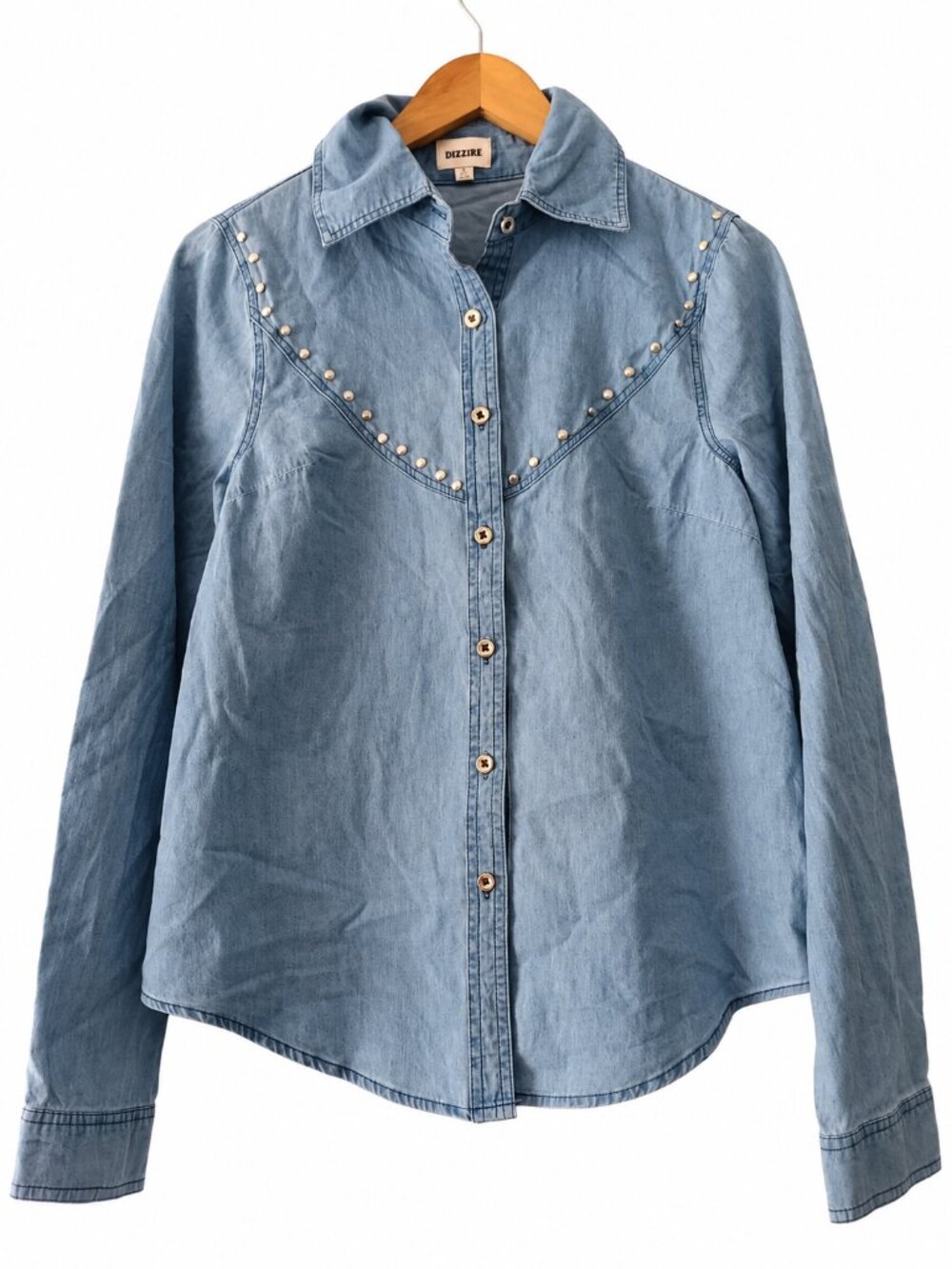 Dizzire Blue  Silver Studded Western Cotton Long Sleeve Snap Front Blouse S